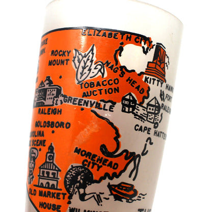 Tumbler: State Map Souvenir Glass, North Carolina, Frosted, Vintage 1960s
