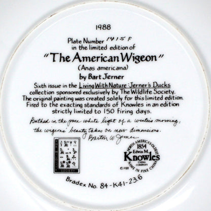 Decorative Plate, Knowles, The American Wigeon Duck, Jerner's Ducks, Vintage, 1988