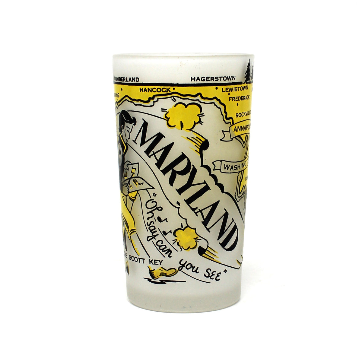 Tumbler: Hazel Atlas, State Map Souvenir Glass, Maryland, Gay Fad, Vintage 1950s