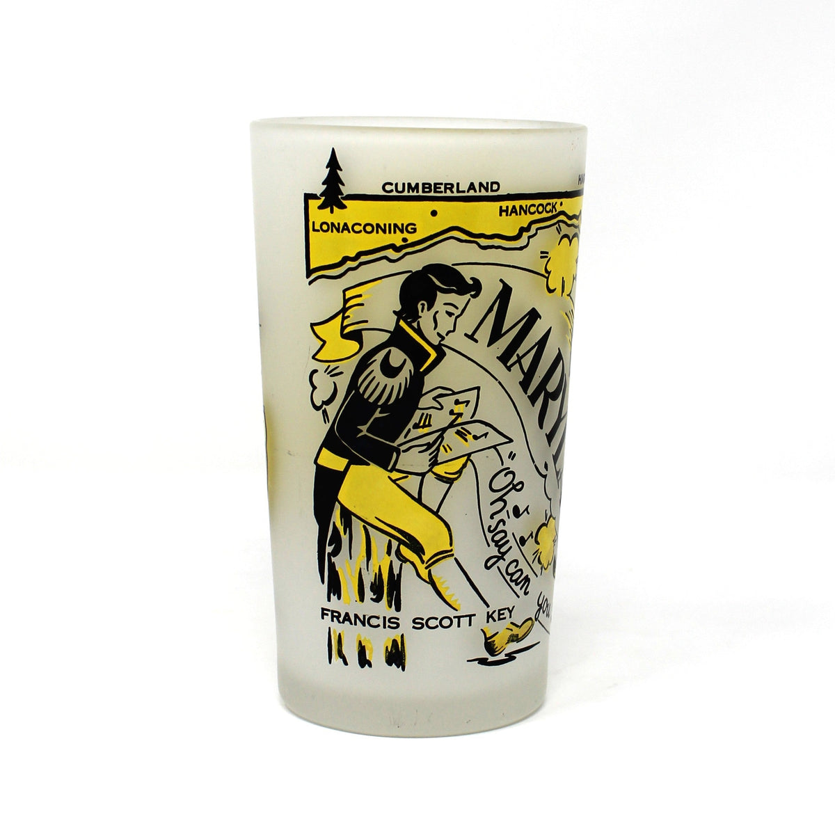 Tumbler: Hazel Atlas, State Map Souvenir Glass, Maryland, Gay Fad, Vintage 1950s
