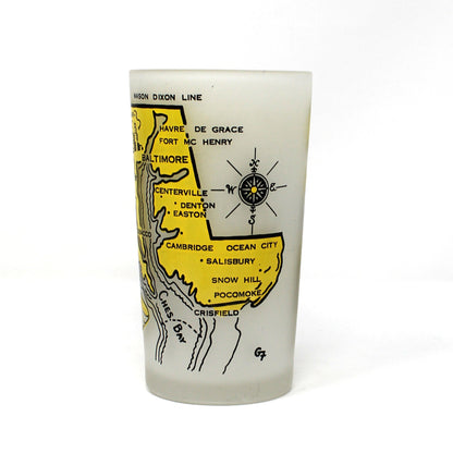 Tumbler: Hazel Atlas, State Map Souvenir Glass, Maryland, Gay Fad, Vintage 1950s