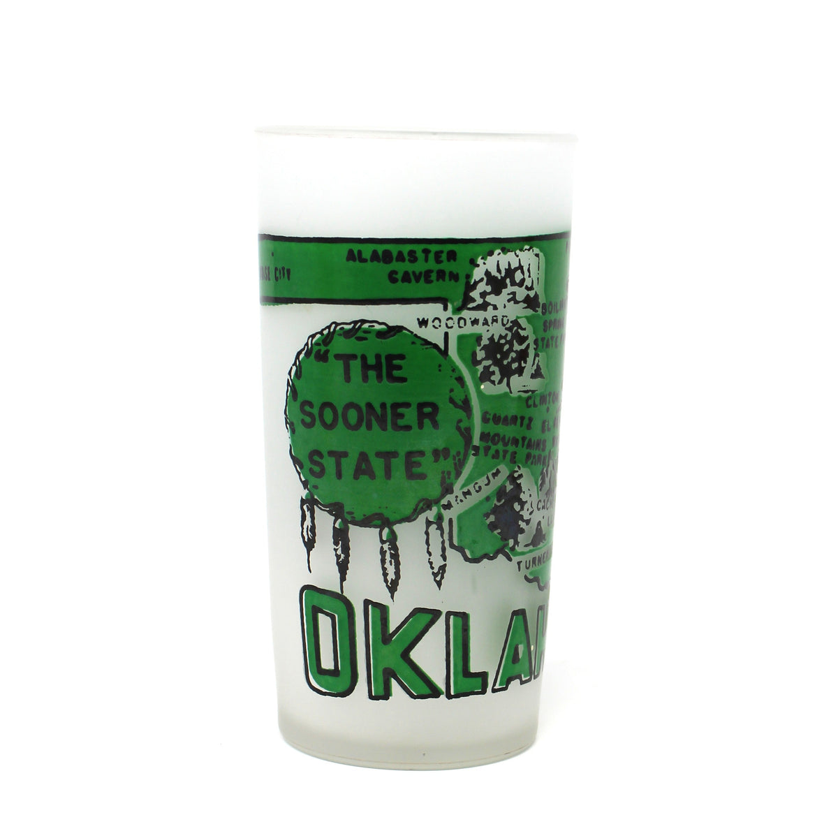 Tumbler: Federal Glass, State Map Souvenir, Oklahoma, Green Frosted, Vintage 1960s