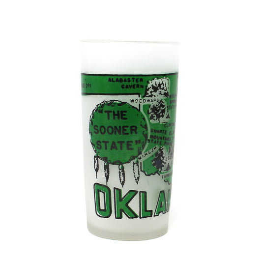 Tumbler: Federal Glass, State Map Souvenir, Oklahoma, Green Frosted, Vintage 1960s