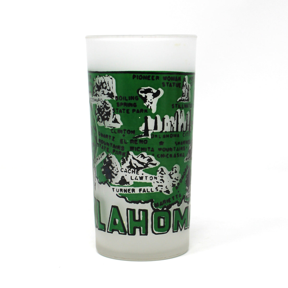 Tumbler: Federal Glass, State Map Souvenir, Oklahoma, Green Frosted, Vintage 1960s