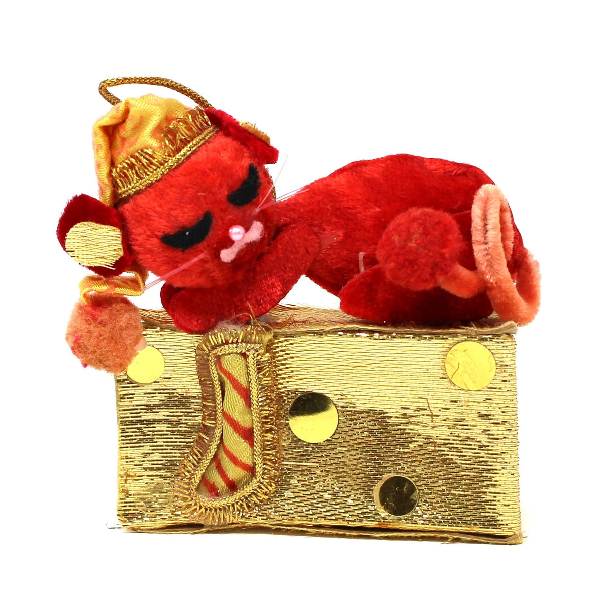 Vintage 1960s Mr. Christmas ornament featuring a red velvet mouse sleeping on a gold fabric wedge of cheese.  