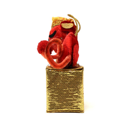 Ornament: Christmas Red Velvet Mouse Sleeping on Cheese Wedge, Japan, Vintage 1960s