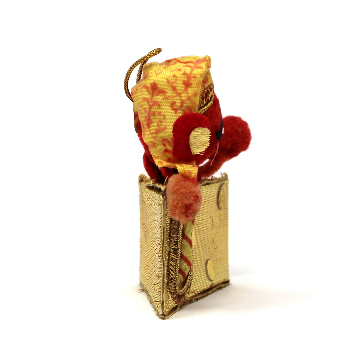 Ornament: Christmas Red Velvet Mouse Sleeping on Cheese Wedge, Japan, Vintage 1960s