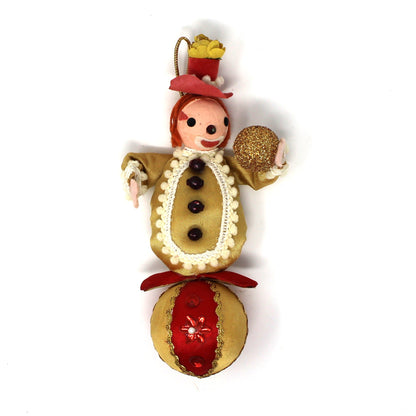 Ornament: Fabric Clown on Striped Ball, Red Gold & White, Vintage 1950s