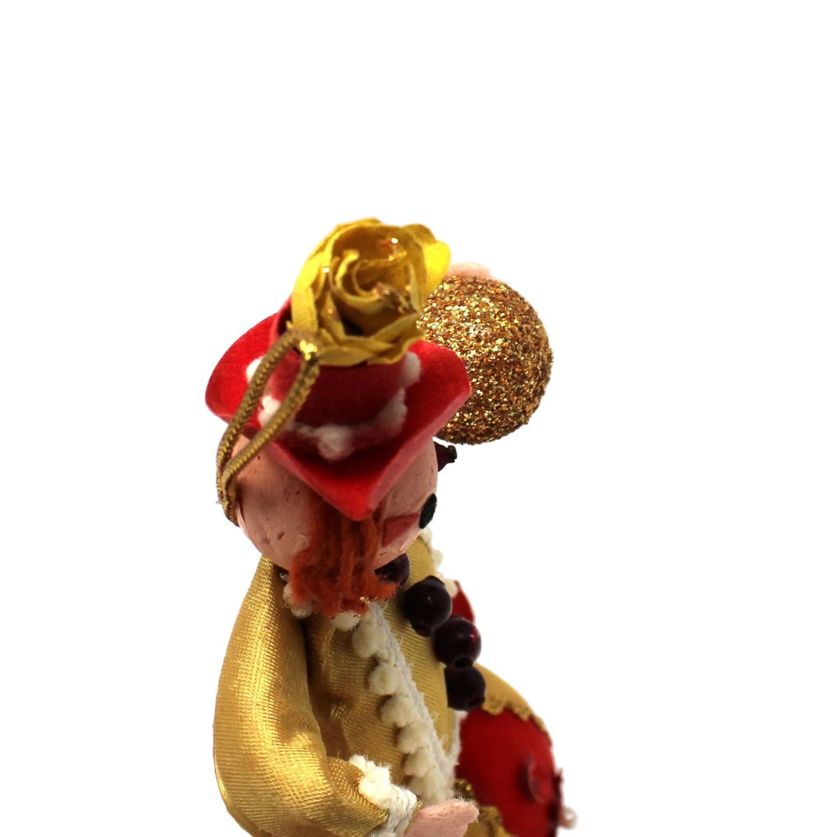 Ornament: Fabric Clown on Striped Ball, Red Gold & White, Vintage 1950s
