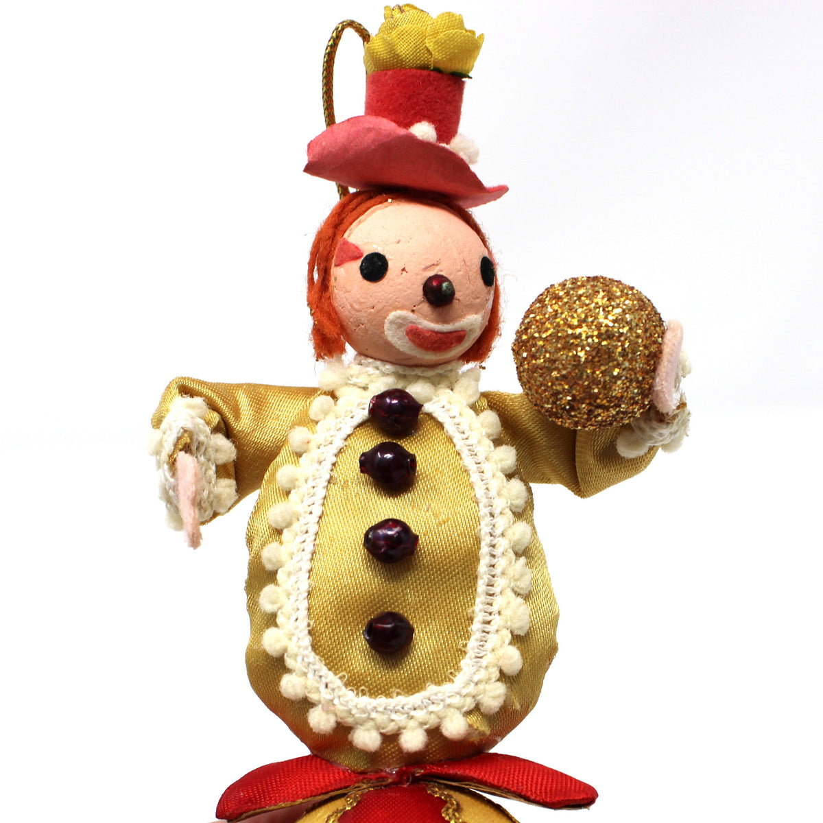 Ornament: Fabric Clown on Striped Ball, Red Gold & White, Vintage 1950s