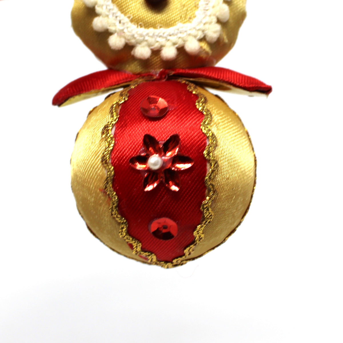 Ornament: Fabric Clown on Striped Ball, Red Gold & White, Vintage 1950s