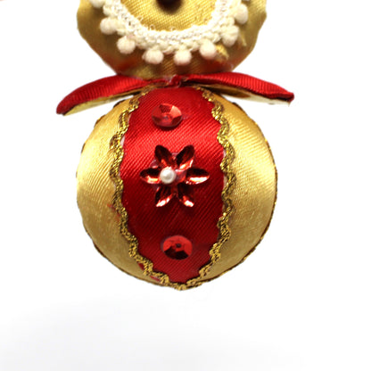 Ornament: Fabric Clown on Striped Ball, Red Gold & White, Vintage 1950s