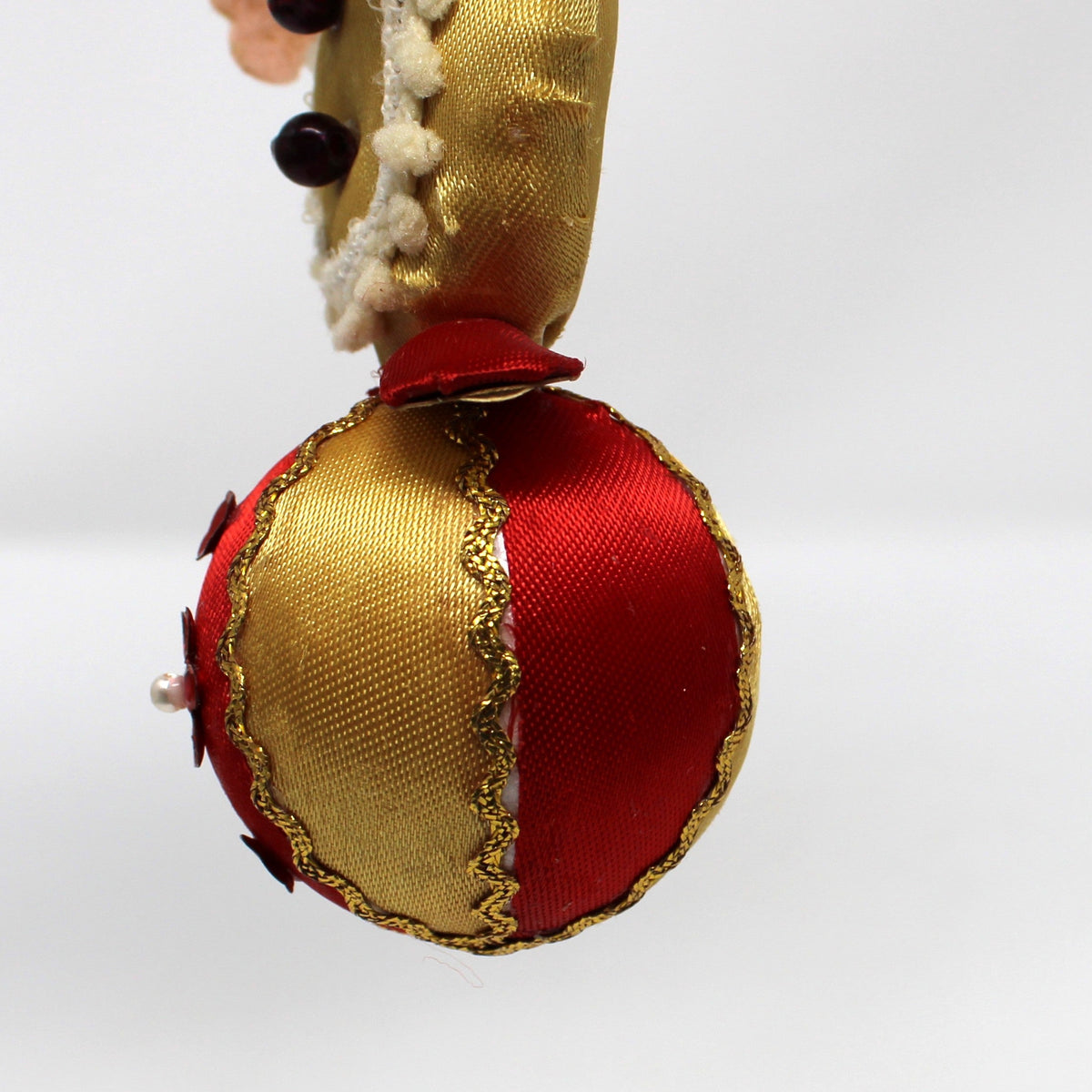 Ornament: Fabric Clown on Striped Ball, Red Gold & White, Vintage 1950s