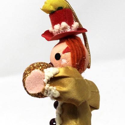 Ornament: Fabric Clown on Striped Ball, Red Gold & White, Vintage 1950s