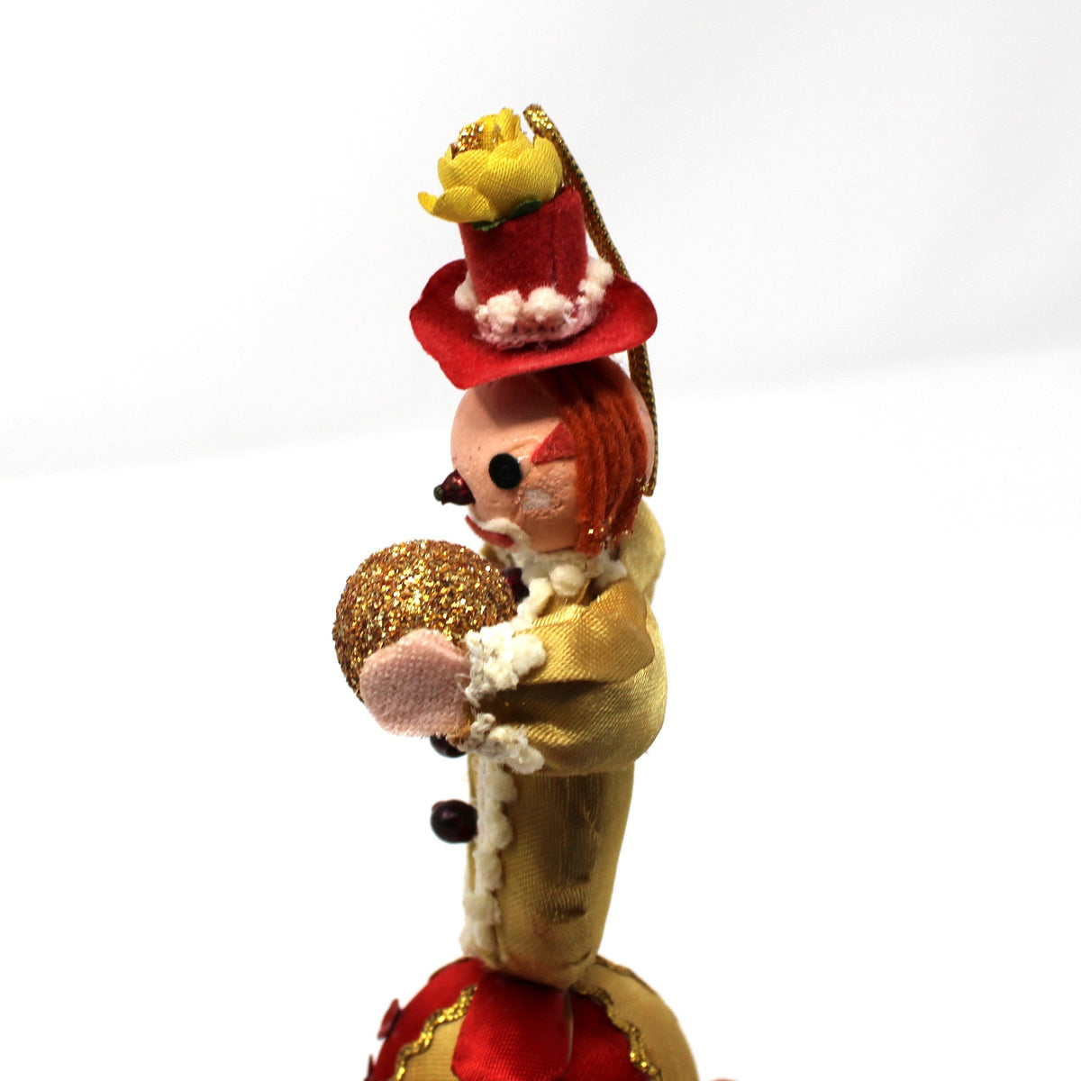 Ornament: Fabric Clown on Striped Ball, Red Gold & White, Vintage 1950s