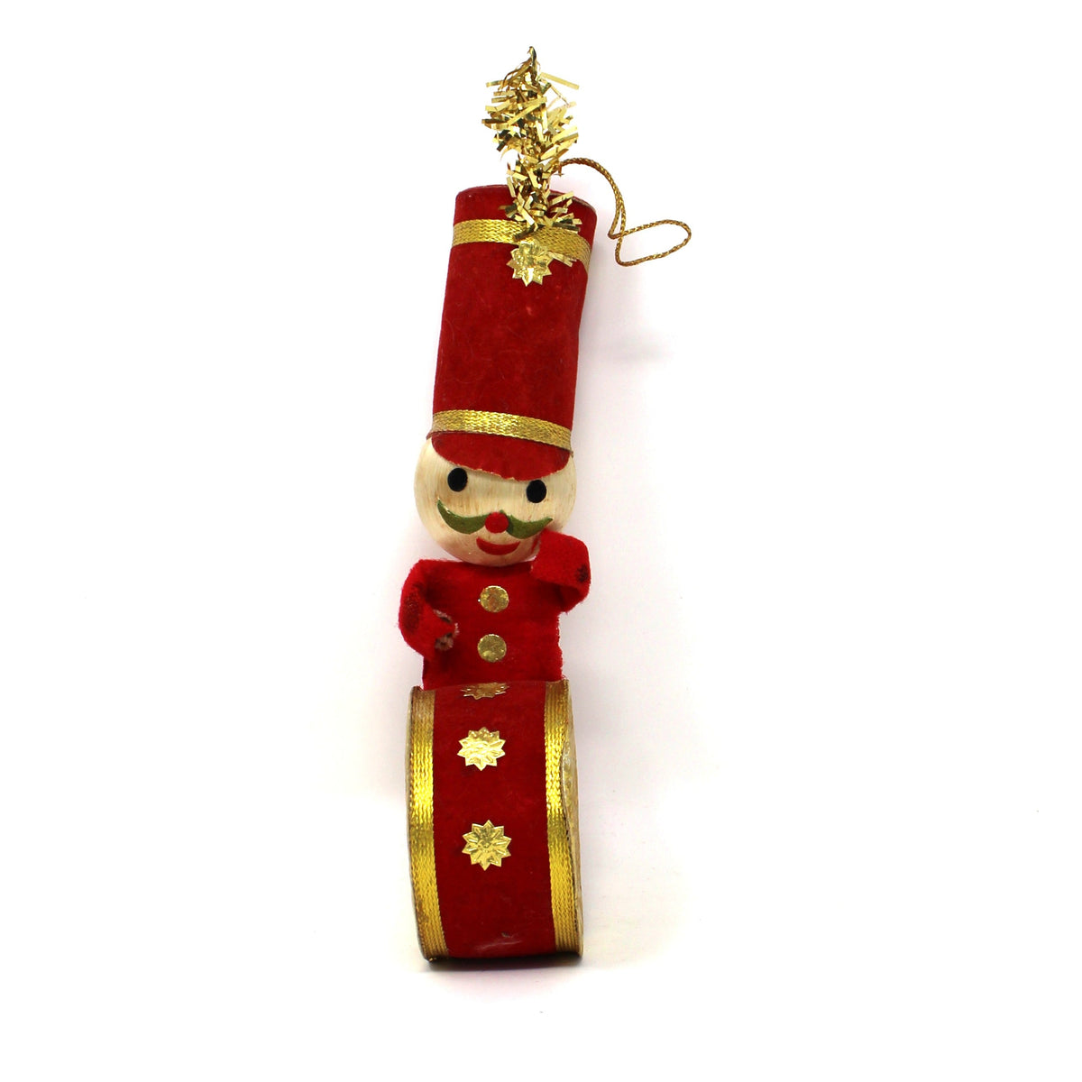 Ornament: Toy Soldier Marching Band Drummer Boy, Red White & Gold, Japan, Vintage 1950s