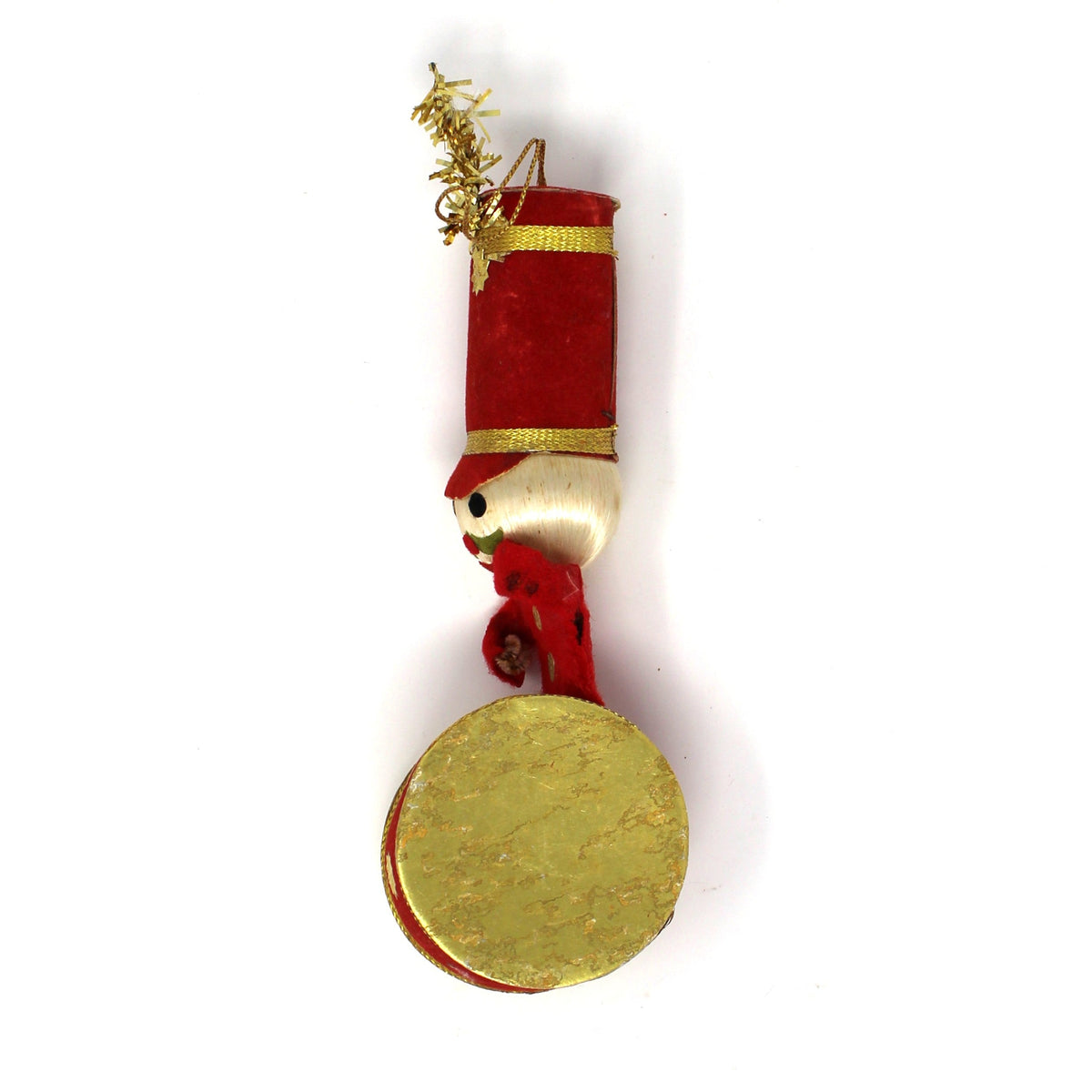 Ornament: Toy Soldier Marching Band Drummer Boy, Red White & Gold, Japan, Vintage 1950s