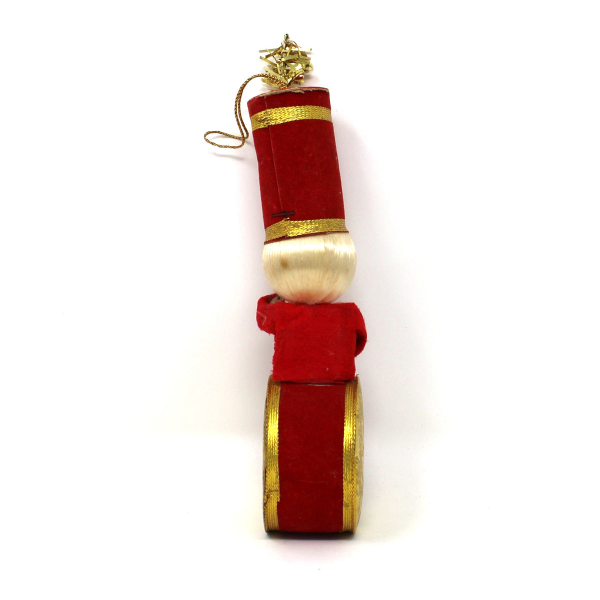 Ornament: Toy Soldier Marching Band Drummer Boy, Red White & Gold, Japan, Vintage 1950s