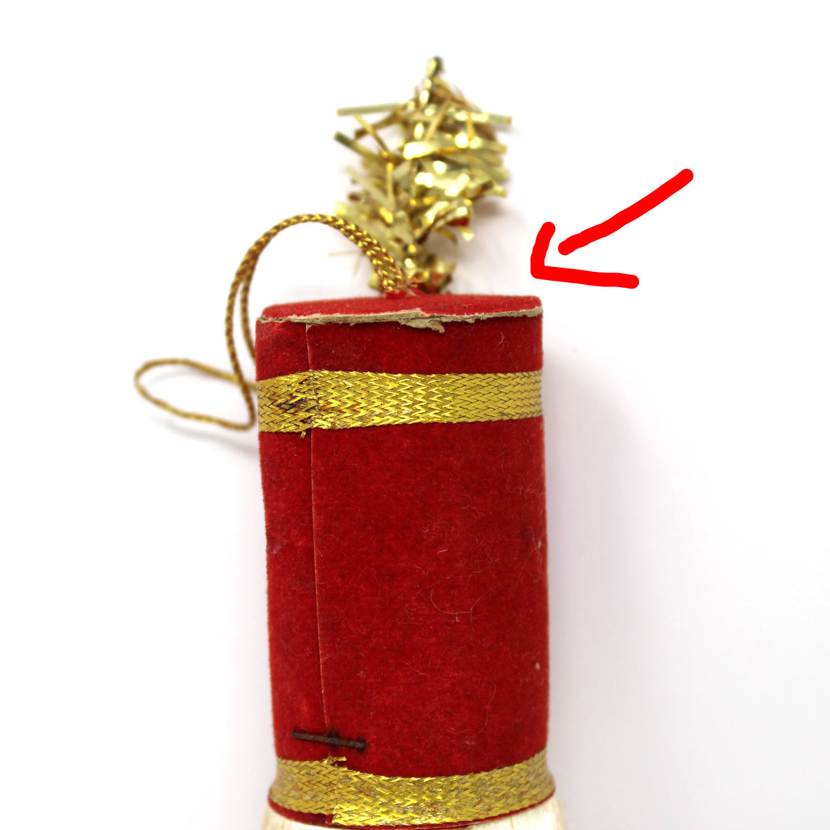 Ornament: Toy Soldier Marching Band Drummer Boy, Red White & Gold, Japan, Vintage 1950s
