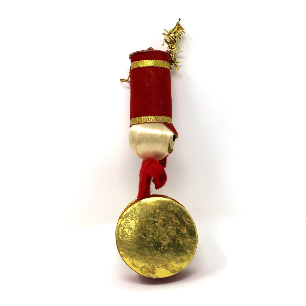 Ornament: Toy Soldier Marching Band Drummer Boy, Red White & Gold, Japan, Vintage 1950s