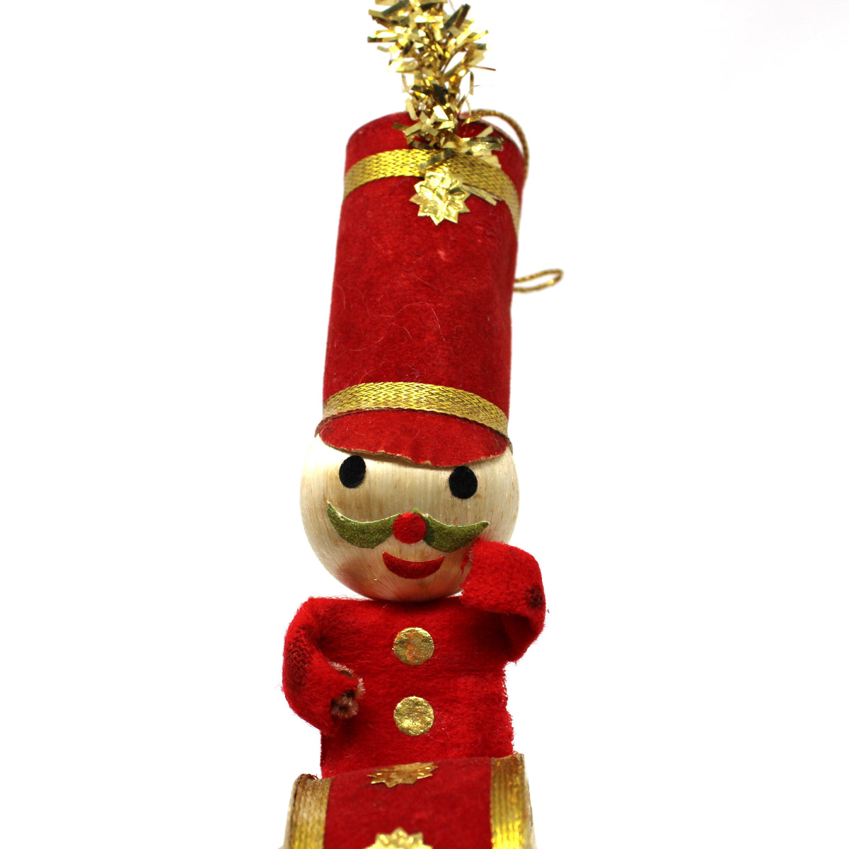 Ornament: Toy Soldier Marching Band Drummer Boy, Red White & Gold, Japan, Vintage 1950s