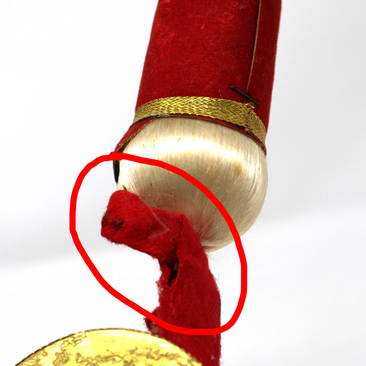 Ornament: Toy Soldier Marching Band Drummer Boy, Red White & Gold, Japan, Vintage 1950s