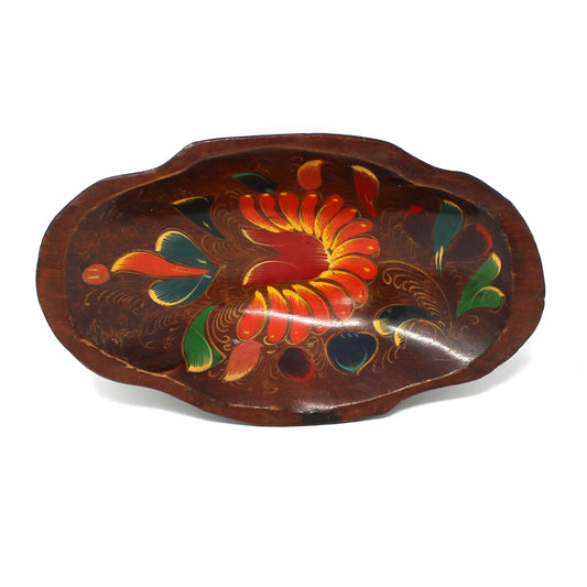 Decorative Bowl: Batea Hand Painted Floral Folk Art, Mexico, Vintage 1960s