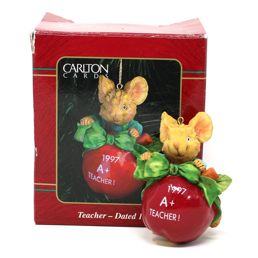 Carlton cards Christmas ornament, 1997, A+ Teacher! Mouse holding apple in original box.