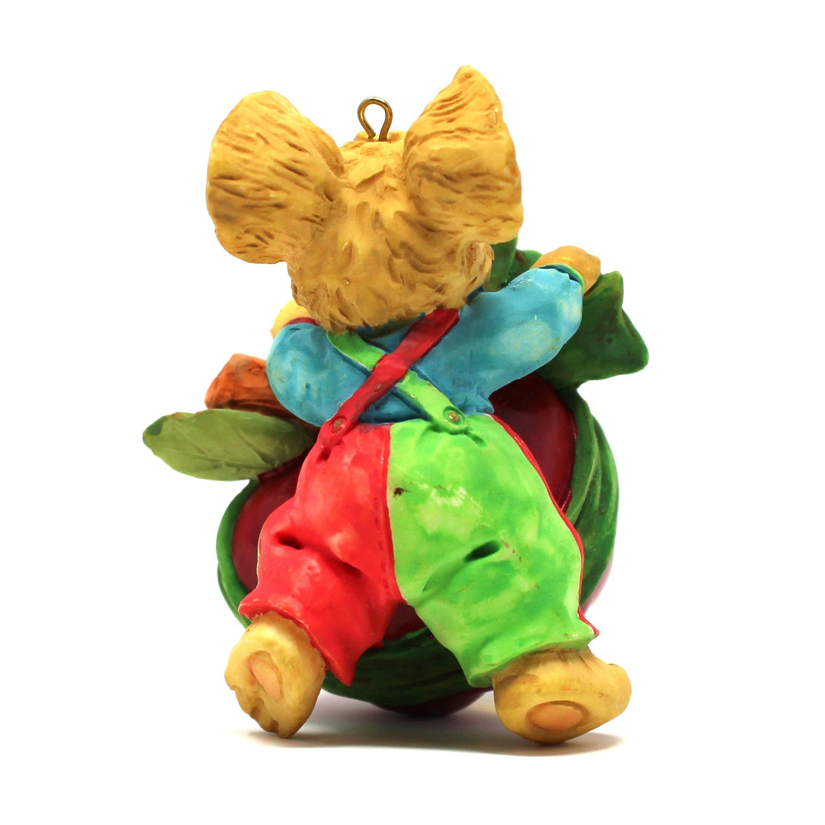 Back view of a Carlton cards Christmas ornament, 1997, A+ Teacher! Mouse wearing overalls, n original box.