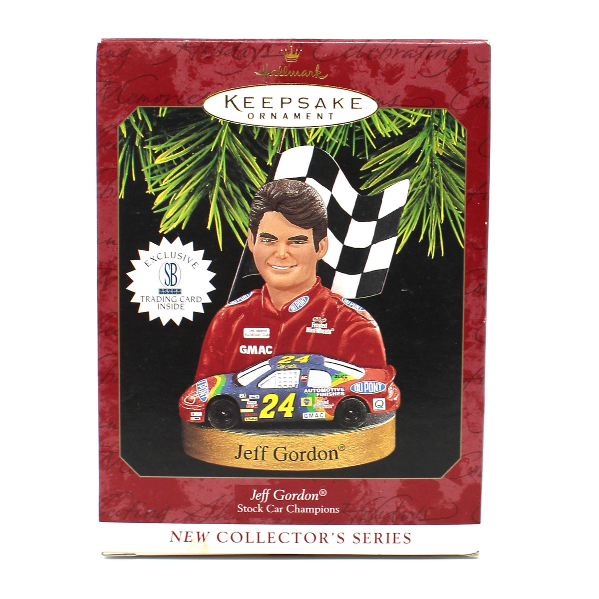 A Hallmark New Collection Series 6 Jeff Gordon 2000 Christmas ornament in its original window box packaging, featuring a red border and a photo of the driver with his race car.