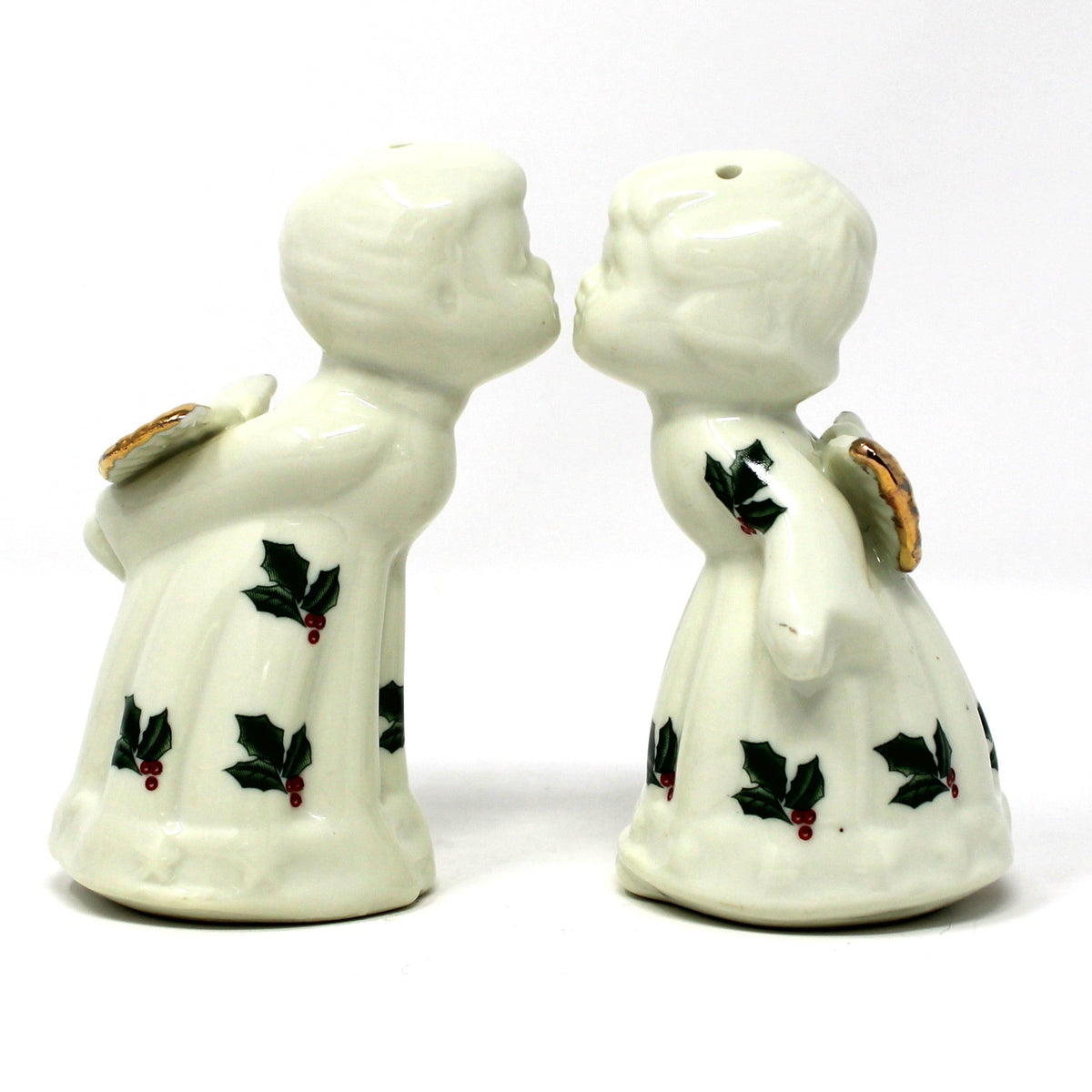 Salt and Pepper Shakers: Baum Brothers Formalities Holly Kissing Angels, Gold Trim, 1990s