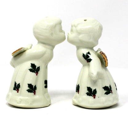 Salt and Pepper Shakers: Baum Brothers Formalities Holly Kissing Angels, Gold Trim, 1990s