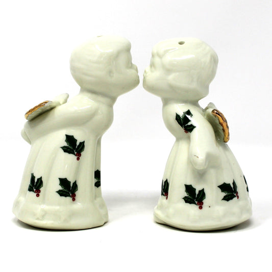 Salt and Pepper Shakers: Baum Brothers Formalities Holly Kissing Angels, Gold Trim, 1990s