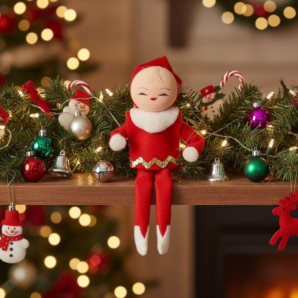 Vintage pixie elf in a red outfit with white trim sitting on a shelf