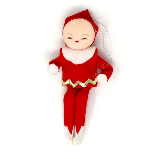 Ornaments, Pixie Elf Doll Ornament, Christmas Felt Red Gold & White Posable Elf, Kitsch, Vintage