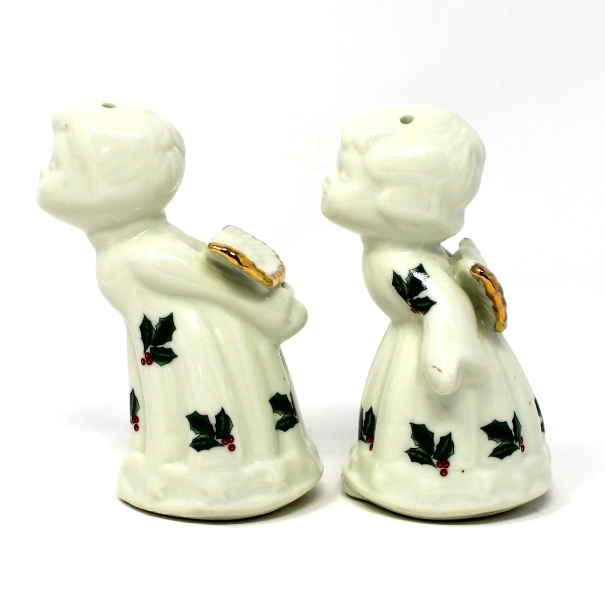 Salt and Pepper Shakers: Baum Brothers Formalities Holly Kissing Angels, Gold Trim, 1990s