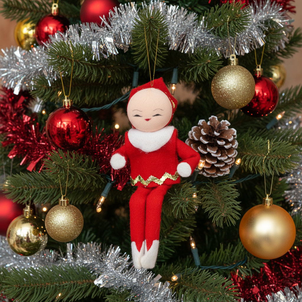 Vintage red pixie elf ornament on a Christmas tree with gold and red ornaments.