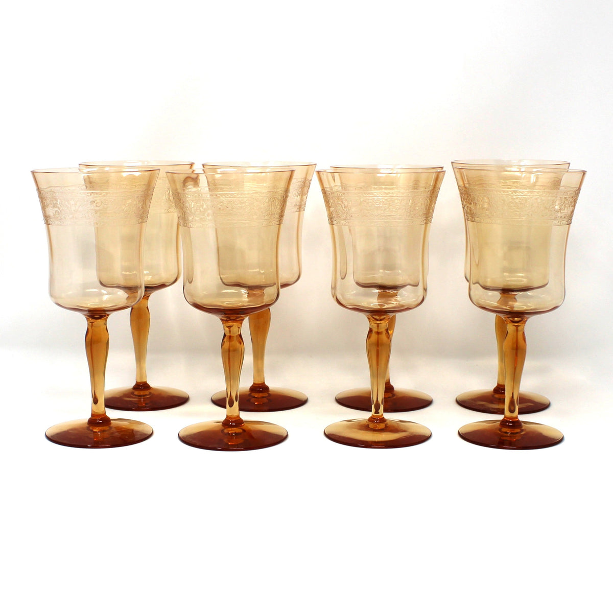 Water Goblets: Fostoria Royal Amber Set of 8, Blown Glass, Antique 1925