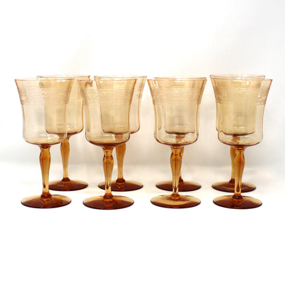 Water Goblets: Fostoria Royal Amber Set of 8, Blown Glass, Antique 1925