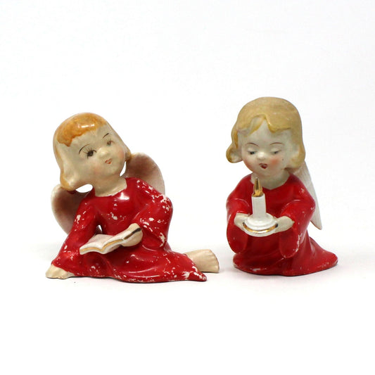 Figurine, Lipper & Mann, Christmas Angels, Hand Painted Porcelain, Set of Two, Angel with Book, Angel with Candle, Vintage