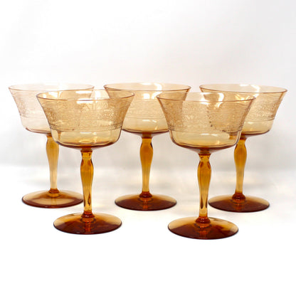 Champagne Coupes / Tall Sherbets: Fostoria Royal Amber Set of 5, Blown Glass, Antique 1925