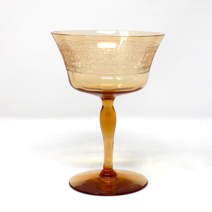 Champagne Coupes / Tall Sherbets: Fostoria Royal Amber Set of 5, Blown Glass, Antique 1925
