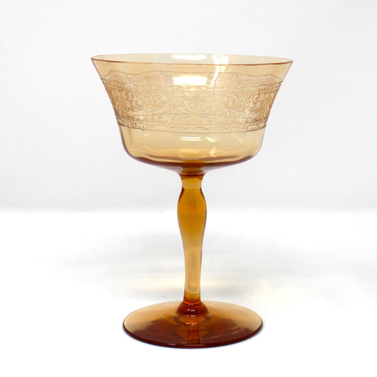 Champagne Coupes / Tall Sherbets: Fostoria Royal Amber Set of 5, Blown Glass, Antique 1925