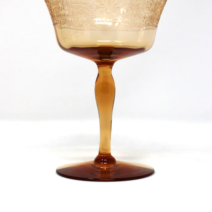 Champagne Coupes / Tall Sherbets: Fostoria Royal Amber Set of 5, Blown Glass, Antique 1925