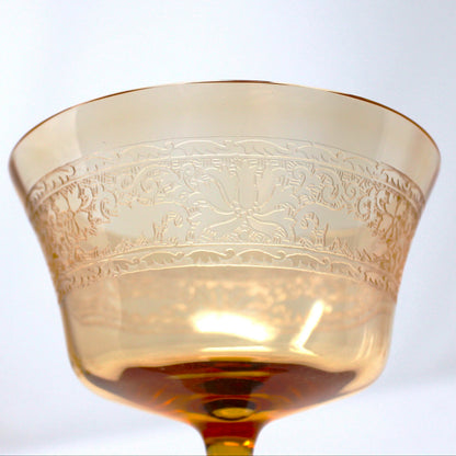 Champagne Coupes / Tall Sherbets: Fostoria Royal Amber Set of 5, Blown Glass, Antique 1925
