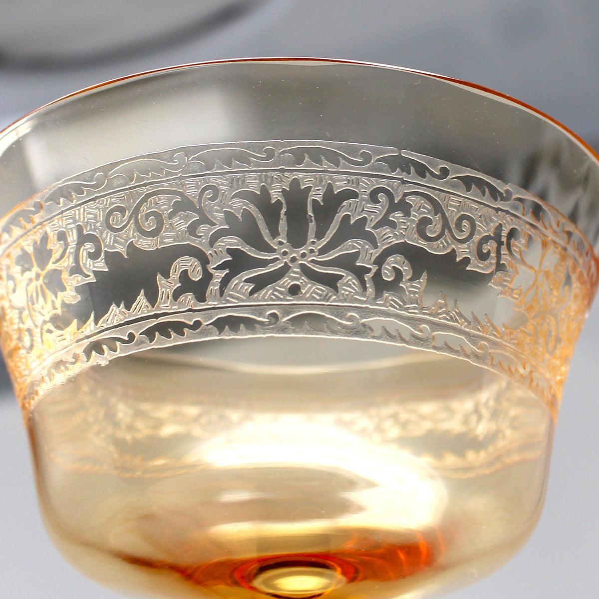 Champagne Coupes / Tall Sherbets: Fostoria Royal Amber Set of 5, Blown Glass, Antique 1925
