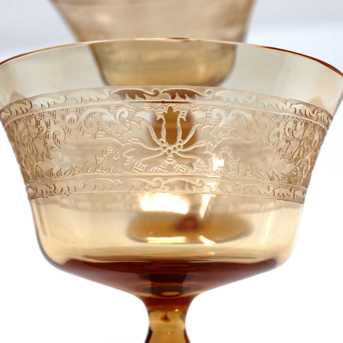 Champagne Coupes / Tall Sherbets: Fostoria Royal Amber Set of 5, Blown Glass, Antique 1925