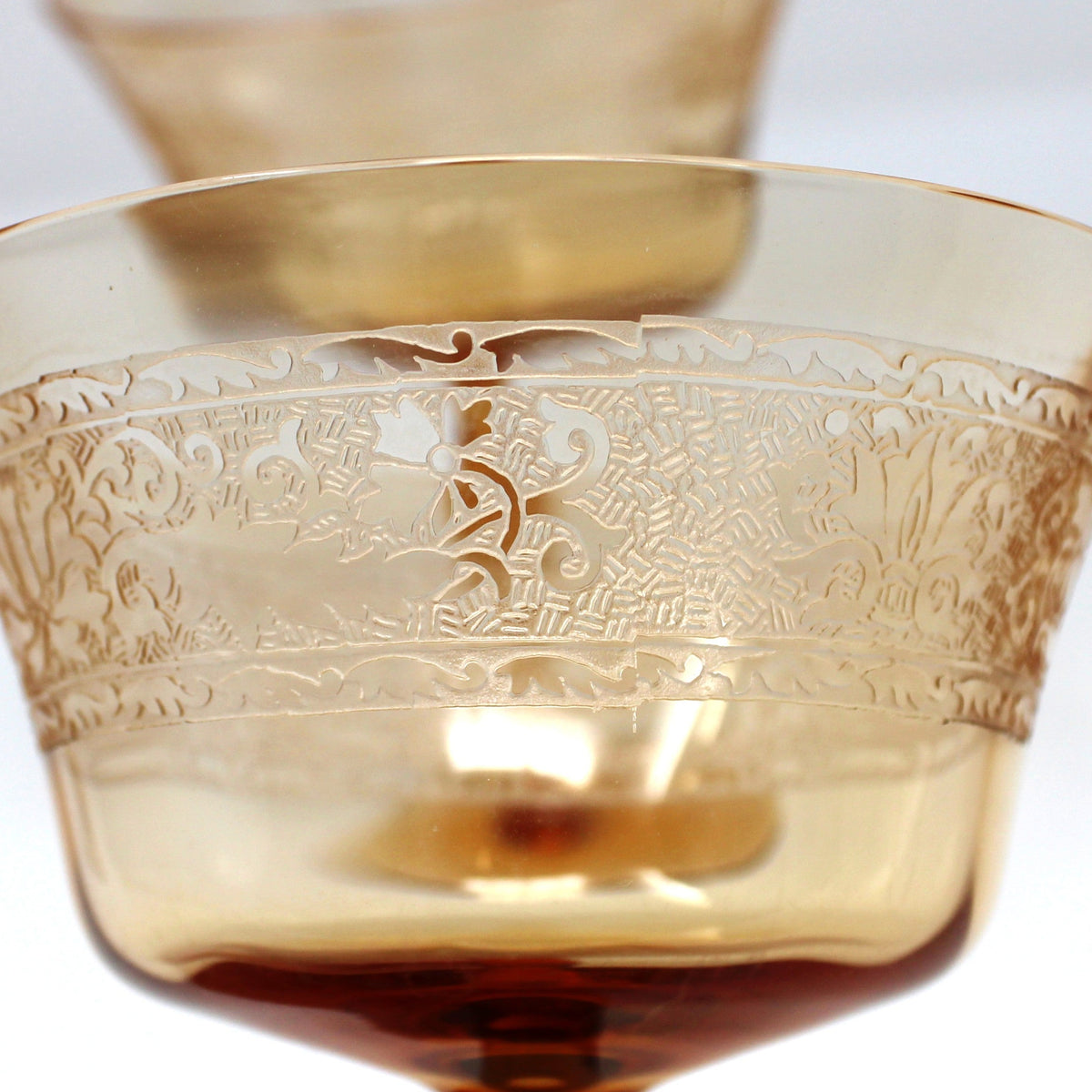 Champagne Coupes / Tall Sherbets: Fostoria Royal Amber Set of 5, Blown Glass, Antique 1925