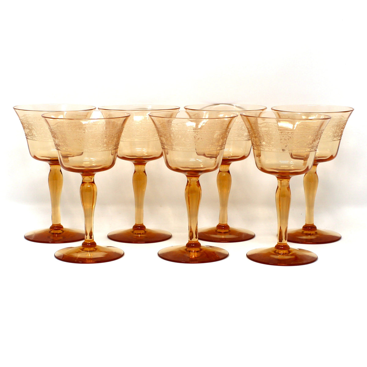 Cocktail / Liquor Glasses: Fostoria Royal Amber Set of 7, Blown Glass, Antique 1925