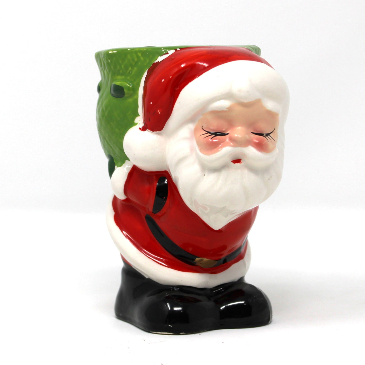 Candle Holder: Figural Santa Claus with Green Sack, Tealight Size, Japan, Vintage 1950s